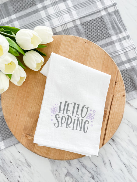 Hello Spring Tea Towel With Purple Flowers