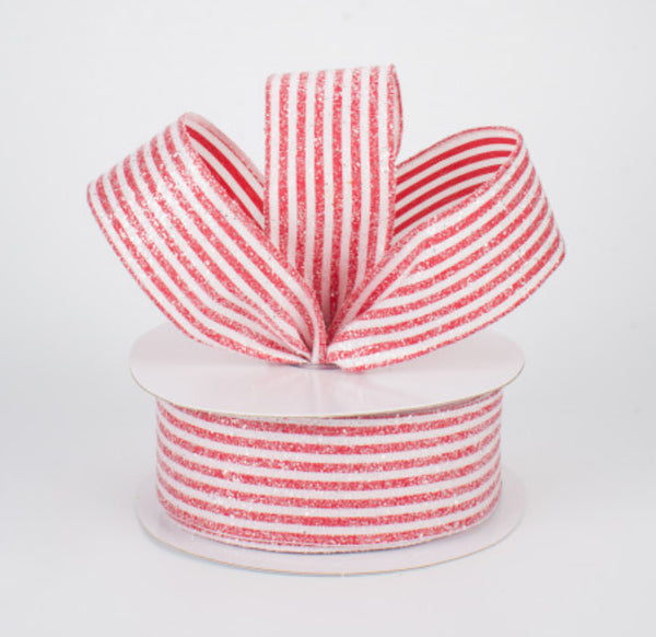 1.5" Iced Glitter Red & White  Striped Wire Ribbon (10 Yards)