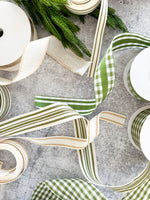 1.5" Ivory & Moss Green Stripe Wired Ribbonh (10 Yards)
