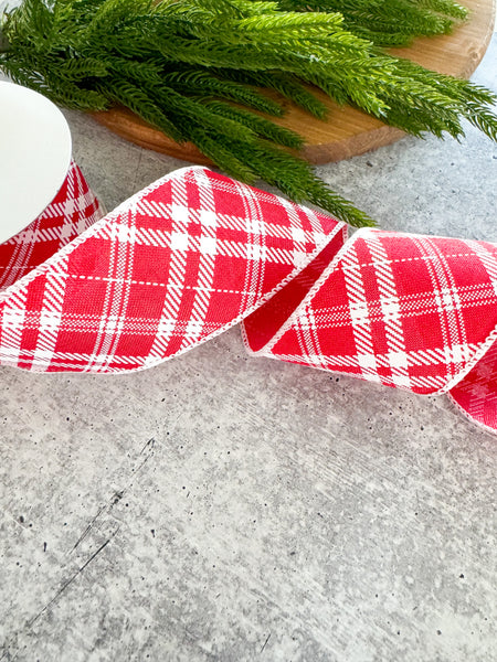 2.5" Red & White Diagonal Plaid Wired Ribbon (10 Yards)