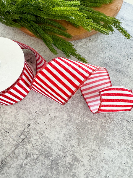 2.5" Glitter Stripe White & Red Wired Ribbon (10 Yards)